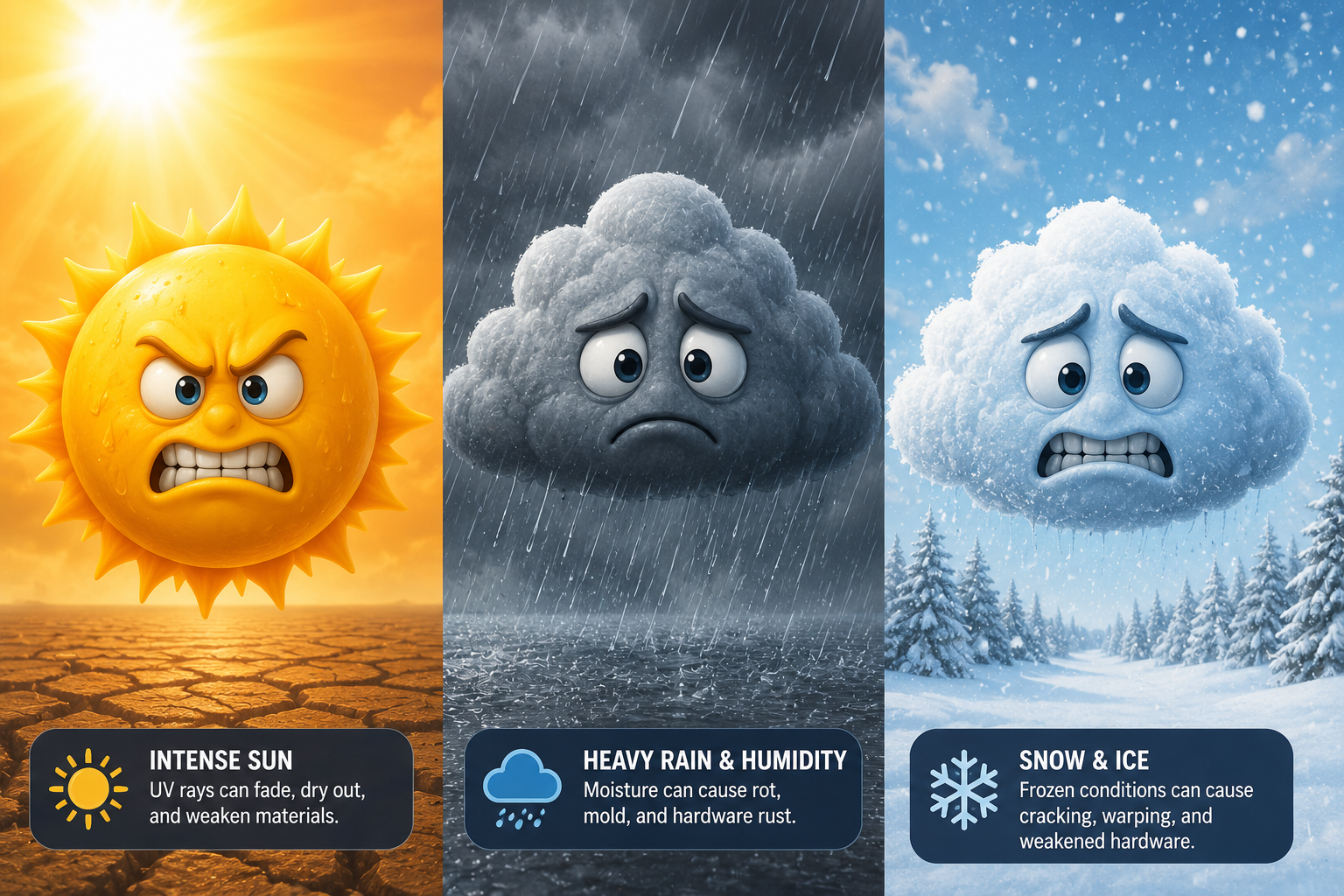 Representing weathers harsh ways, Intense Sun, Heavy Rain and Humidity, and Snow and Ice. Weather Durability